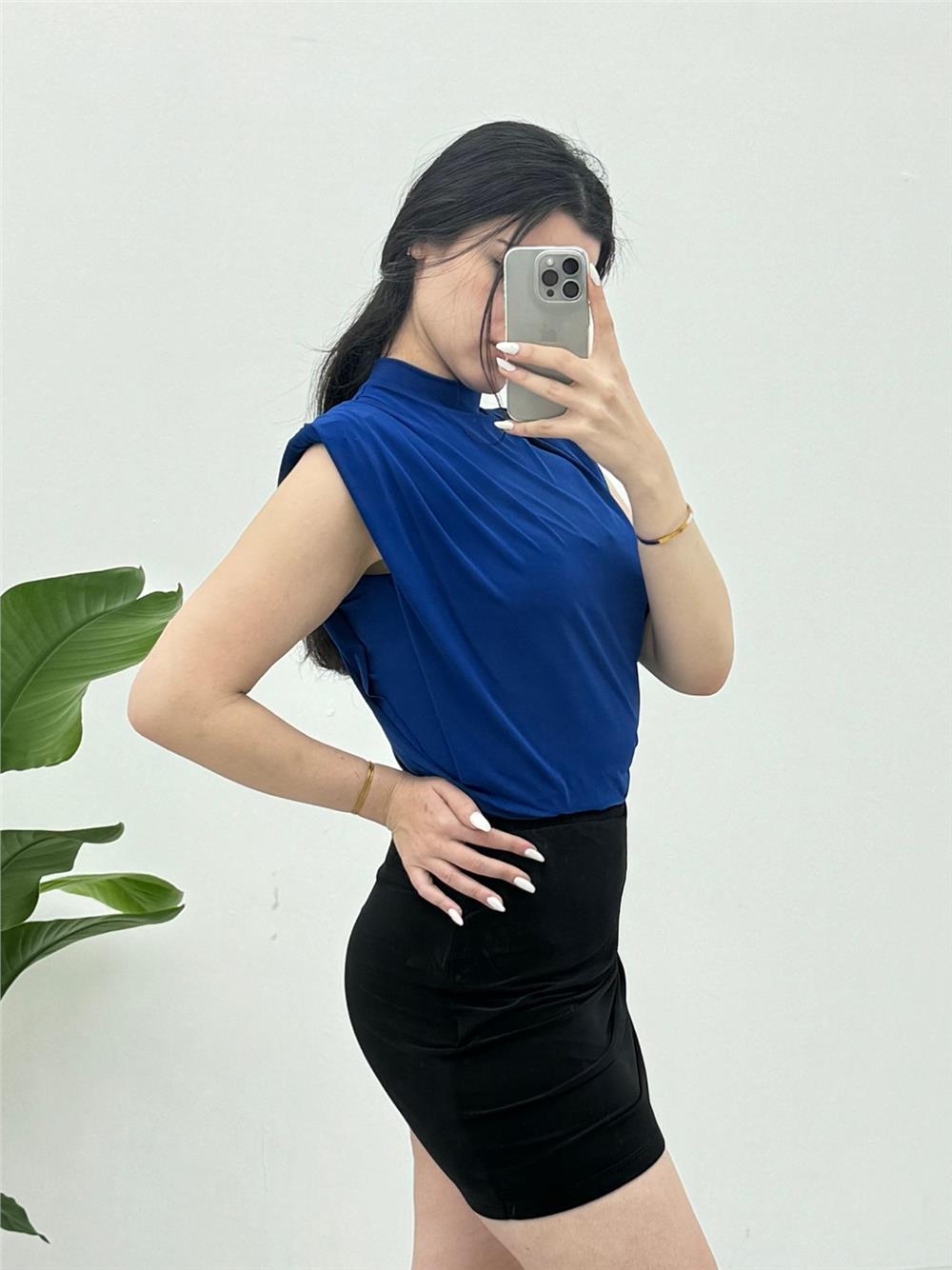 Zero Sleeve Padding Sandy Blouse -Sax-246-2645-R10