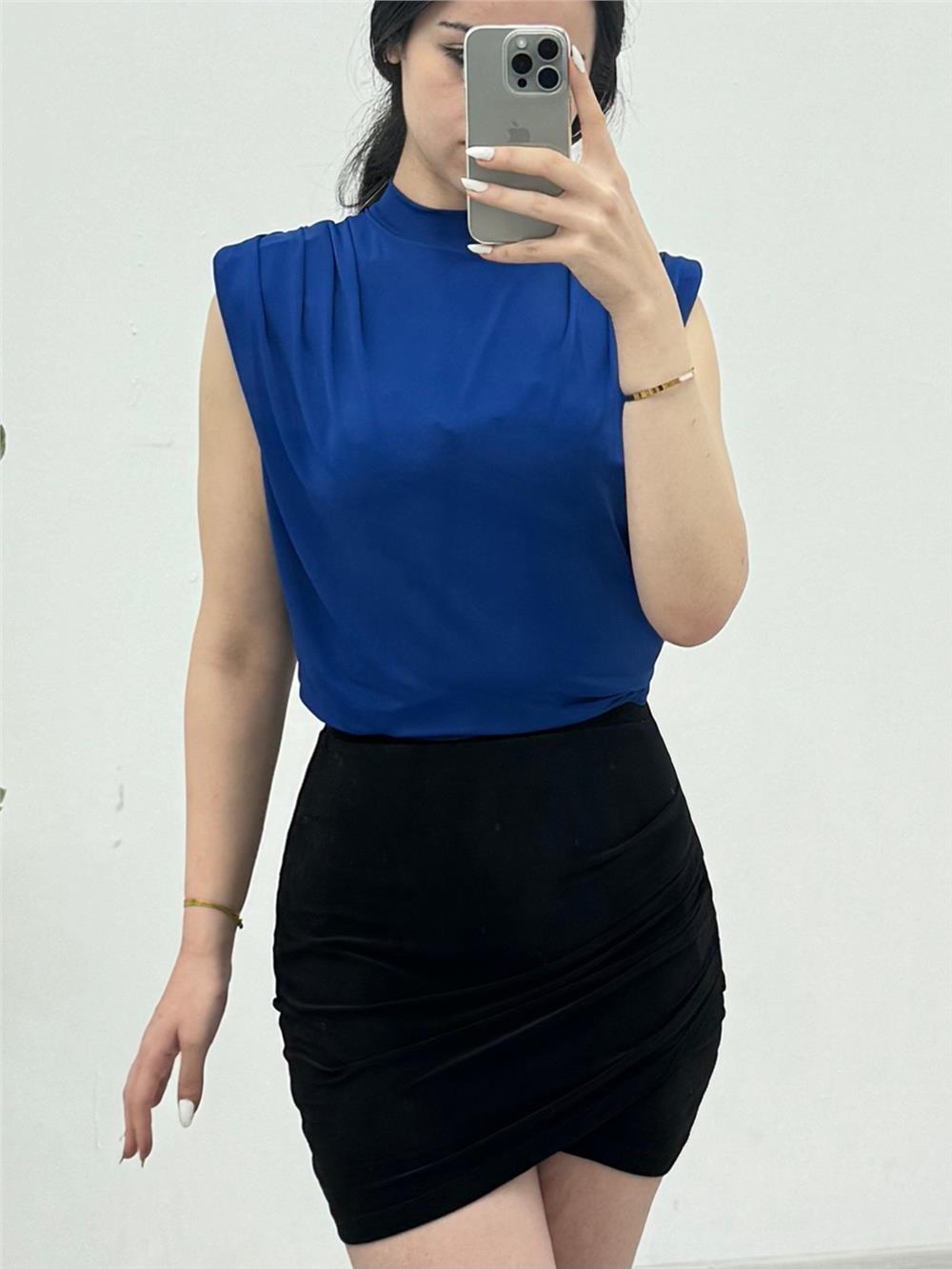Zero Sleeve Padding Sandy Blouse -Sax-246-2645-R10
