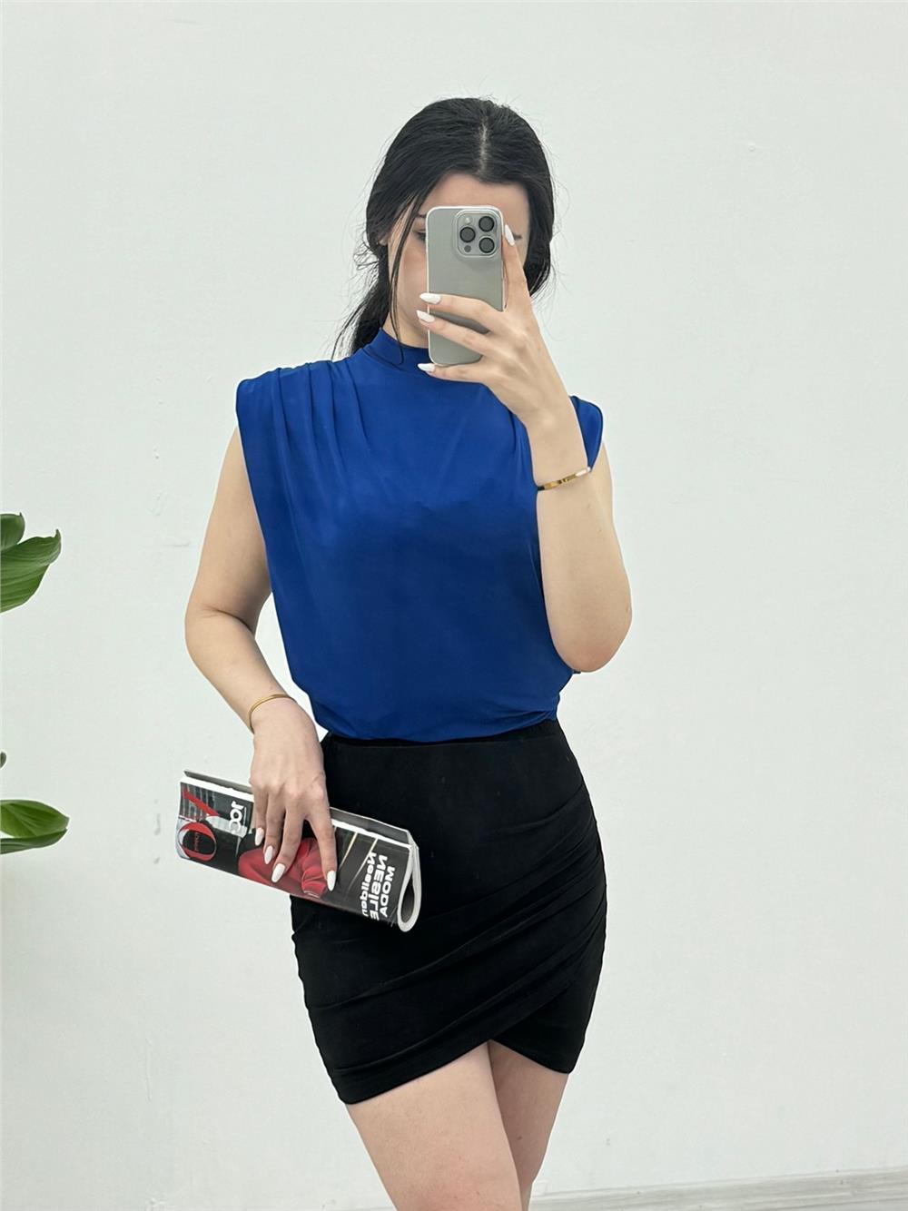 Zero Sleeve Padding Sandy Blouse -Sax-246-2645-R10