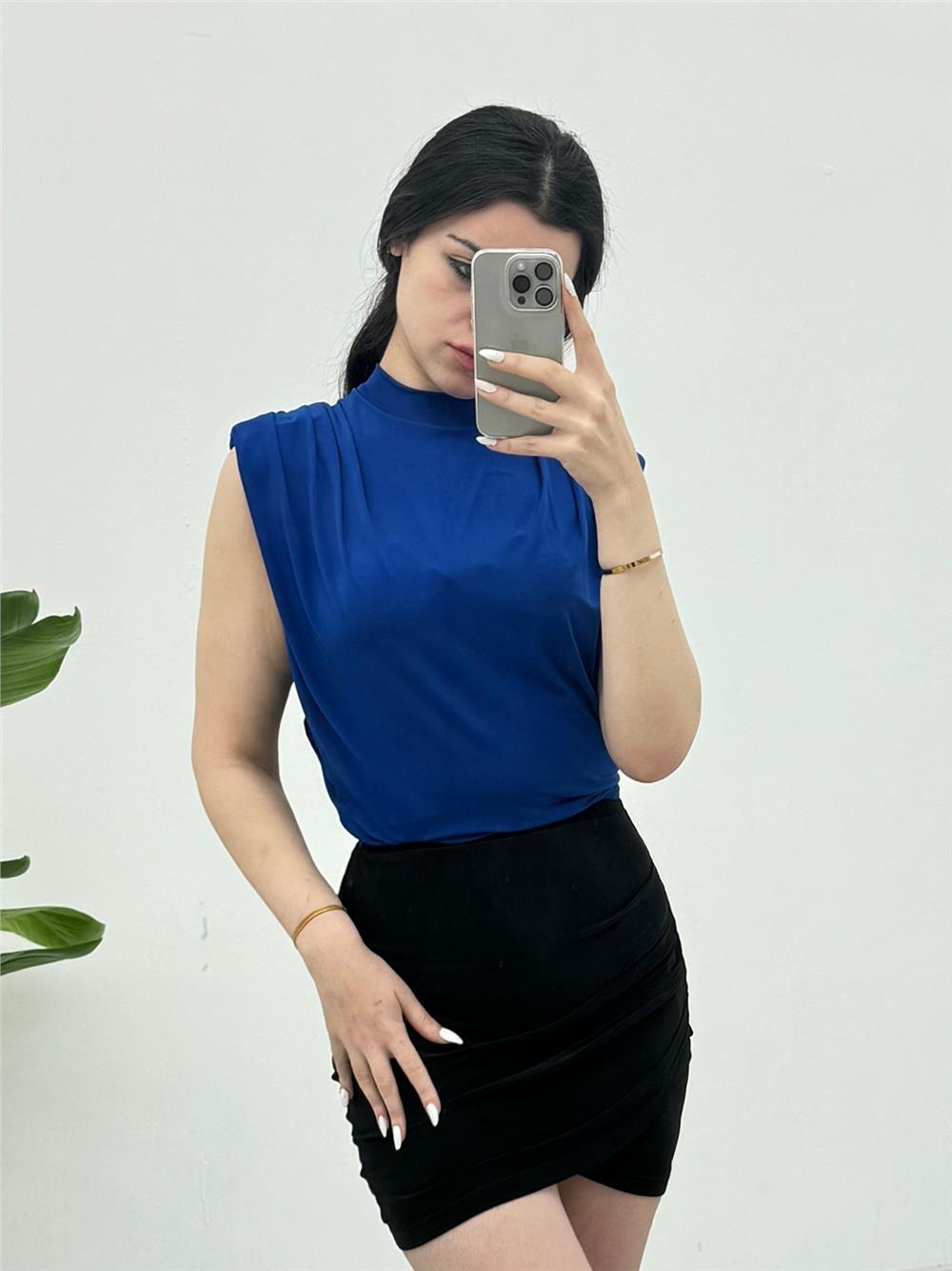 Zero Sleeve Padding Sandy Blouse -Sax-246-2645-R10