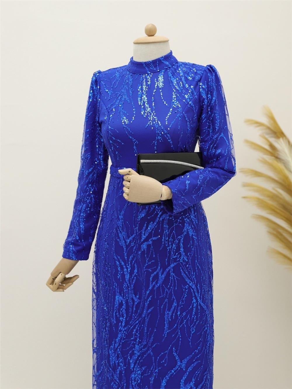 Simli Pullu Astarlı Kalem Elbise -Saks-111-61349-R10