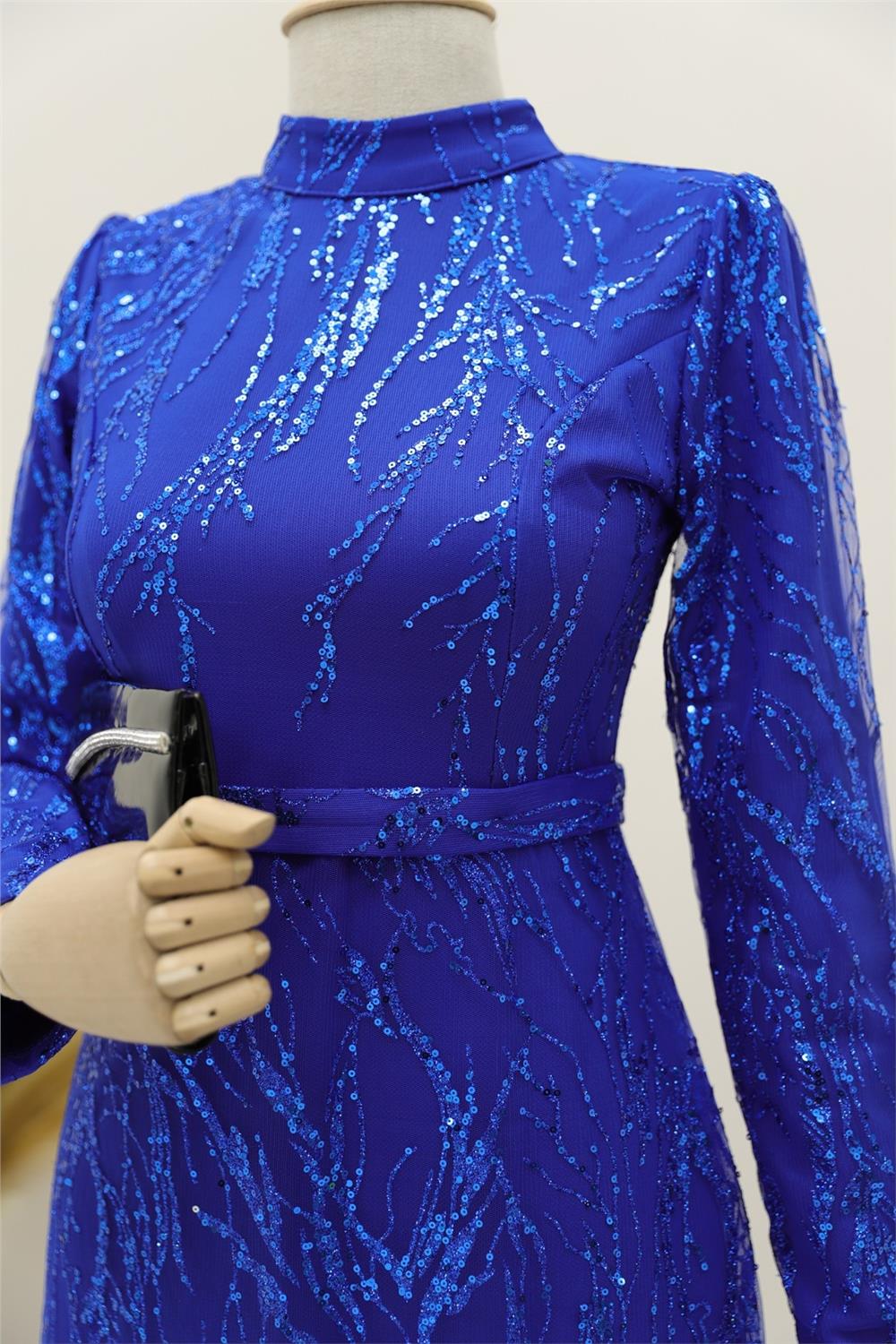 Simli Pullu Astarlı Kalem Elbise -Saks-111-61349-R10