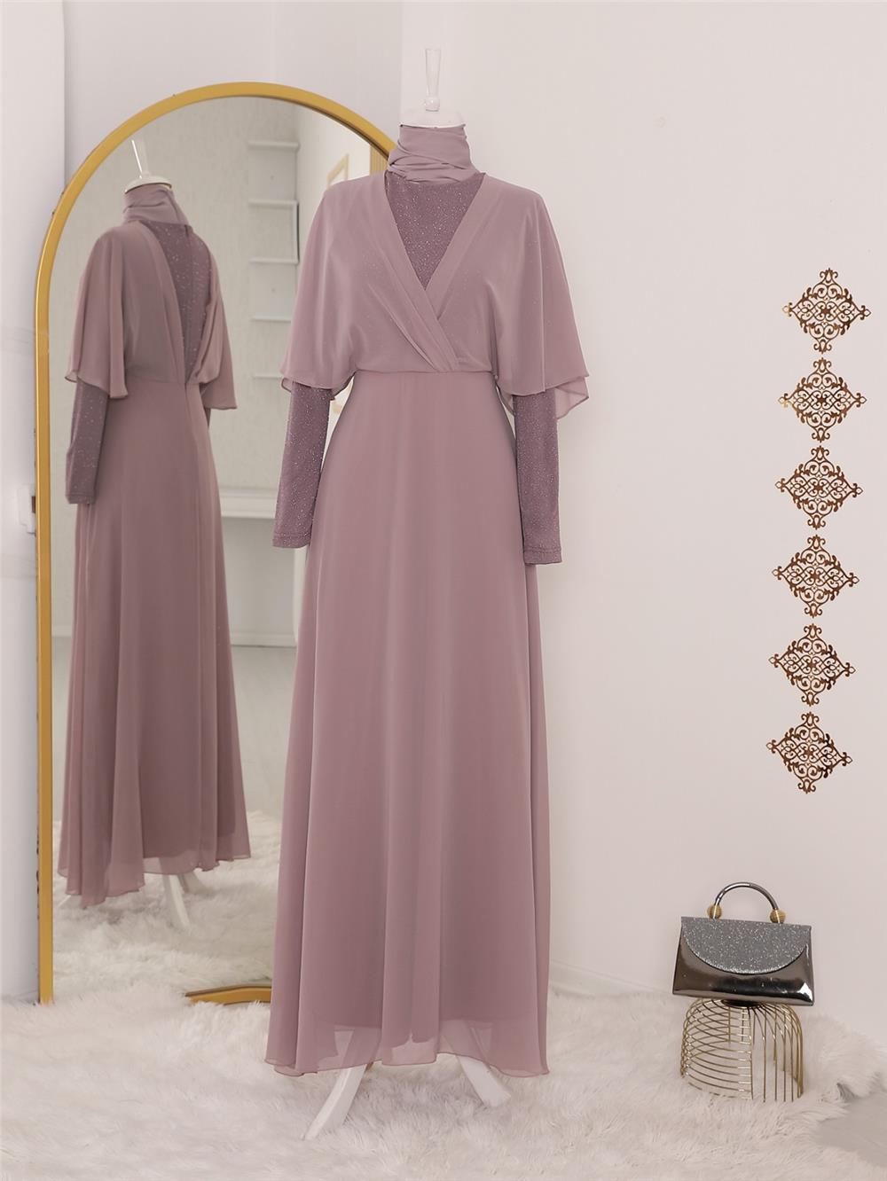 فستان سهرة طويل شيفون لامع - ليلكي-111-60741-R42