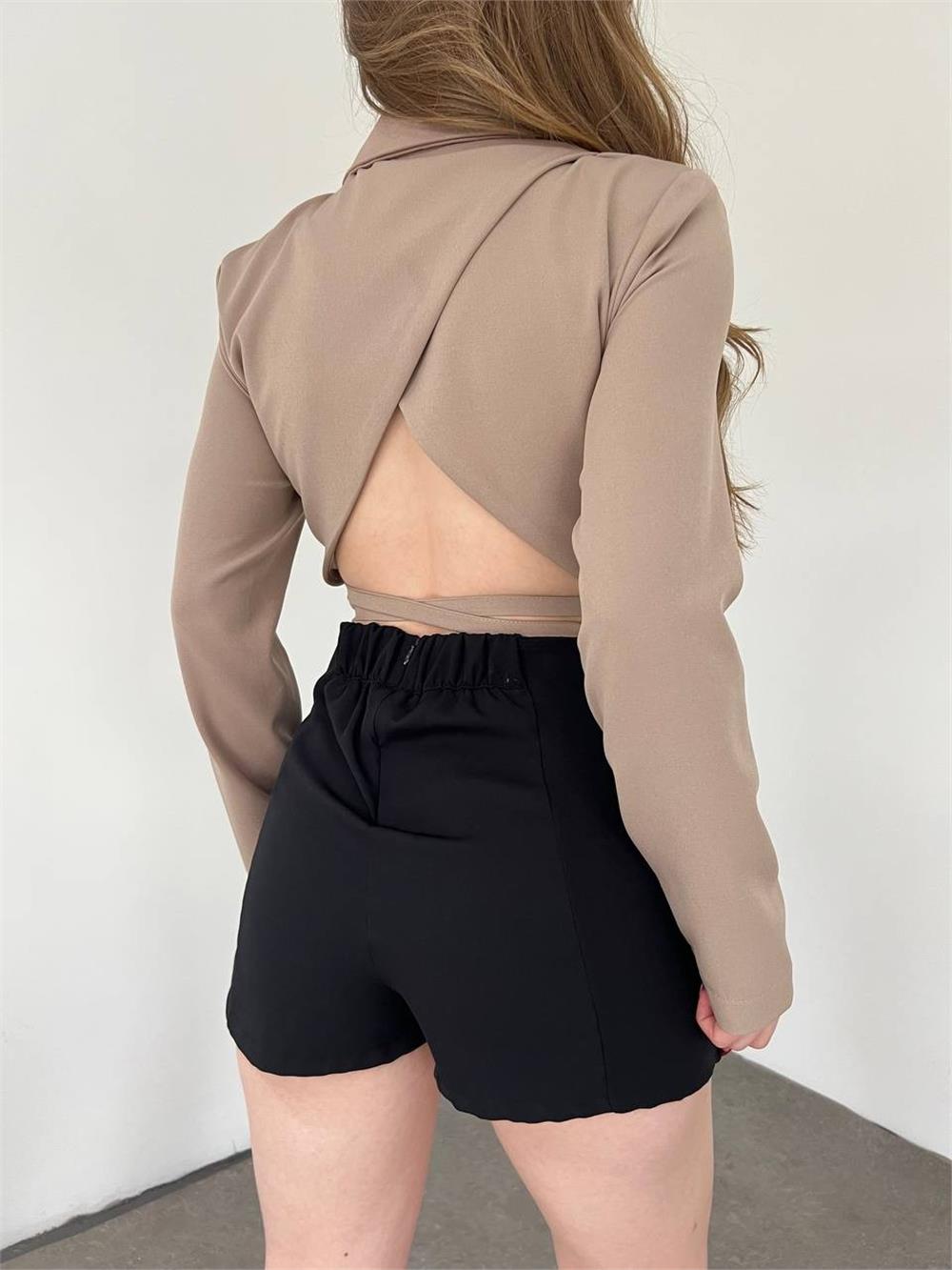 Low-Rise Crop Jacket with Lace Waist -Mink-358-10322-R23