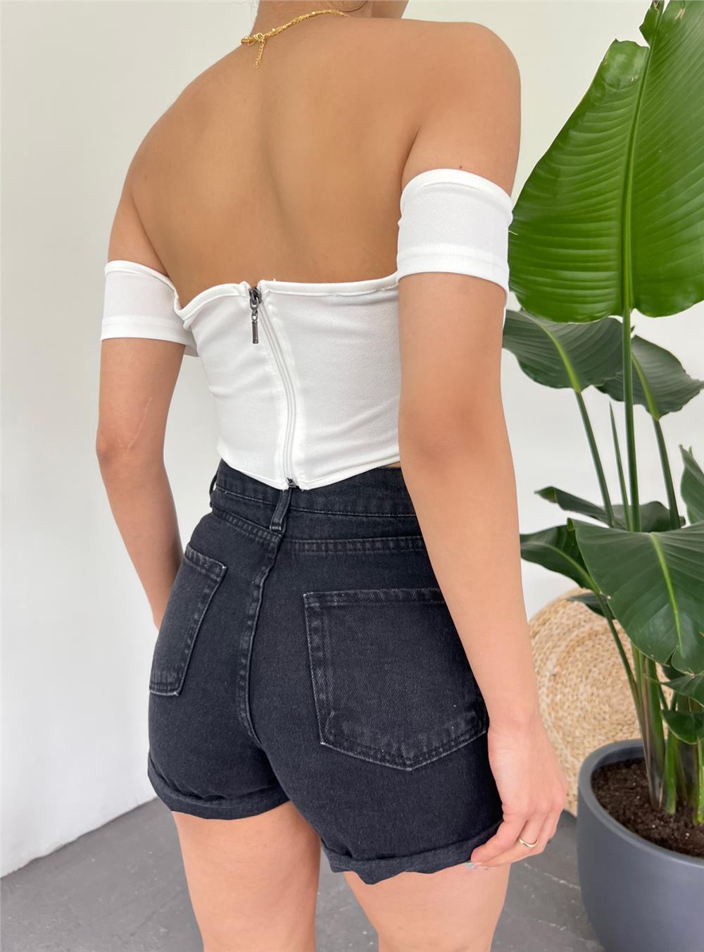 Sırt Fermuarlı Omuz Detaylı Korse Crop  -Beyaz-378-1569-R02