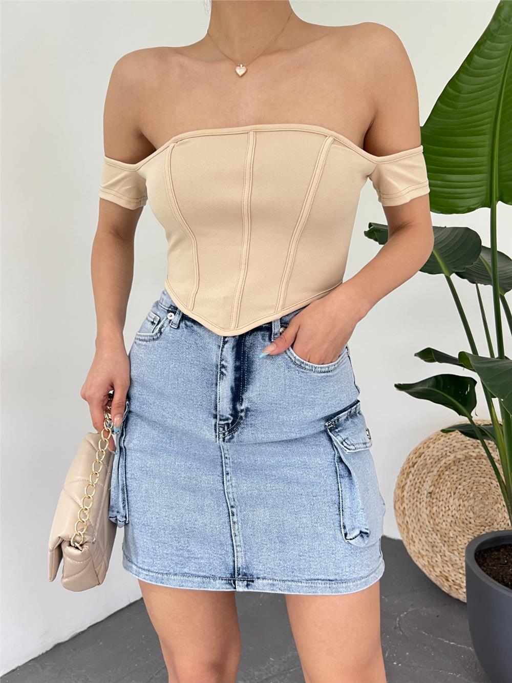Sırt Fermuarlı Omuz Detaylı Korse Crop  -Bej-378-1569-R56