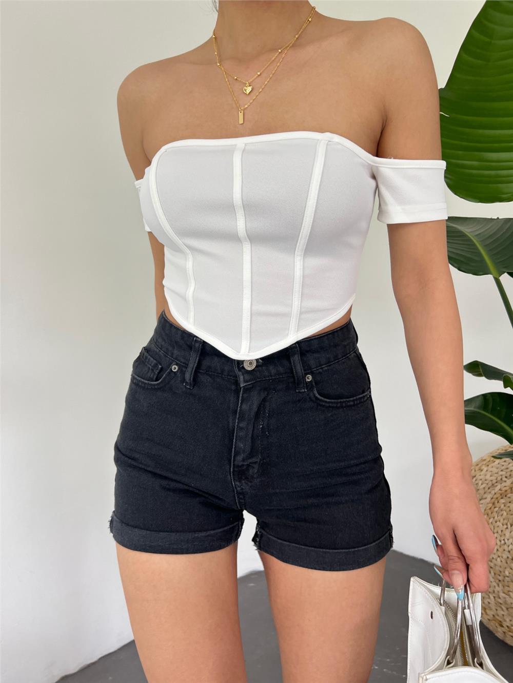 Sırt Fermuarlı Omuz Detaylı Korse Crop  -Beyaz-378-1569-R02