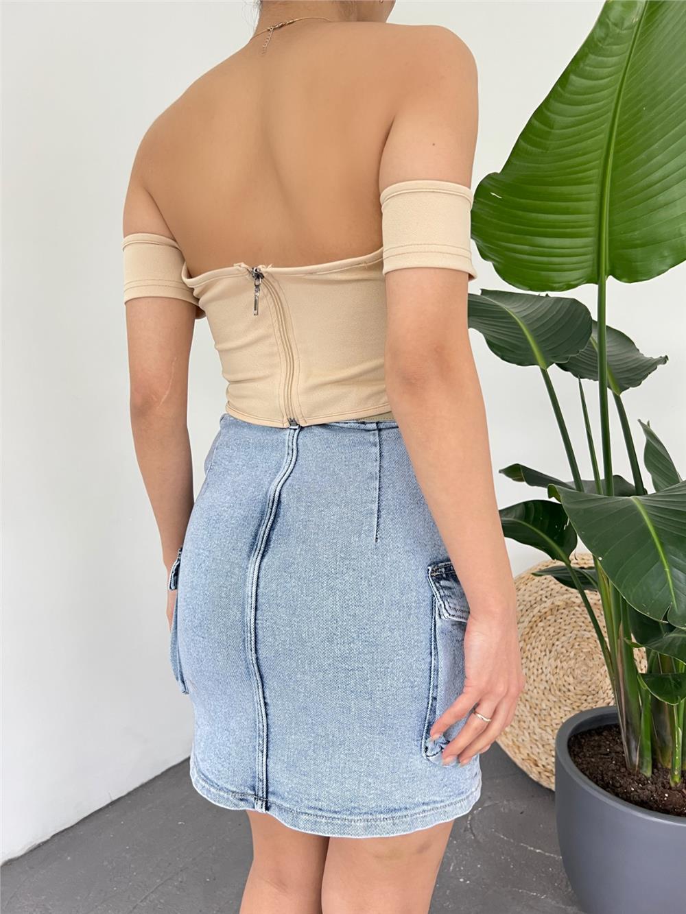 Sırt Fermuarlı Omuz Detaylı Korse Crop  -Bej-378-1569-R56
