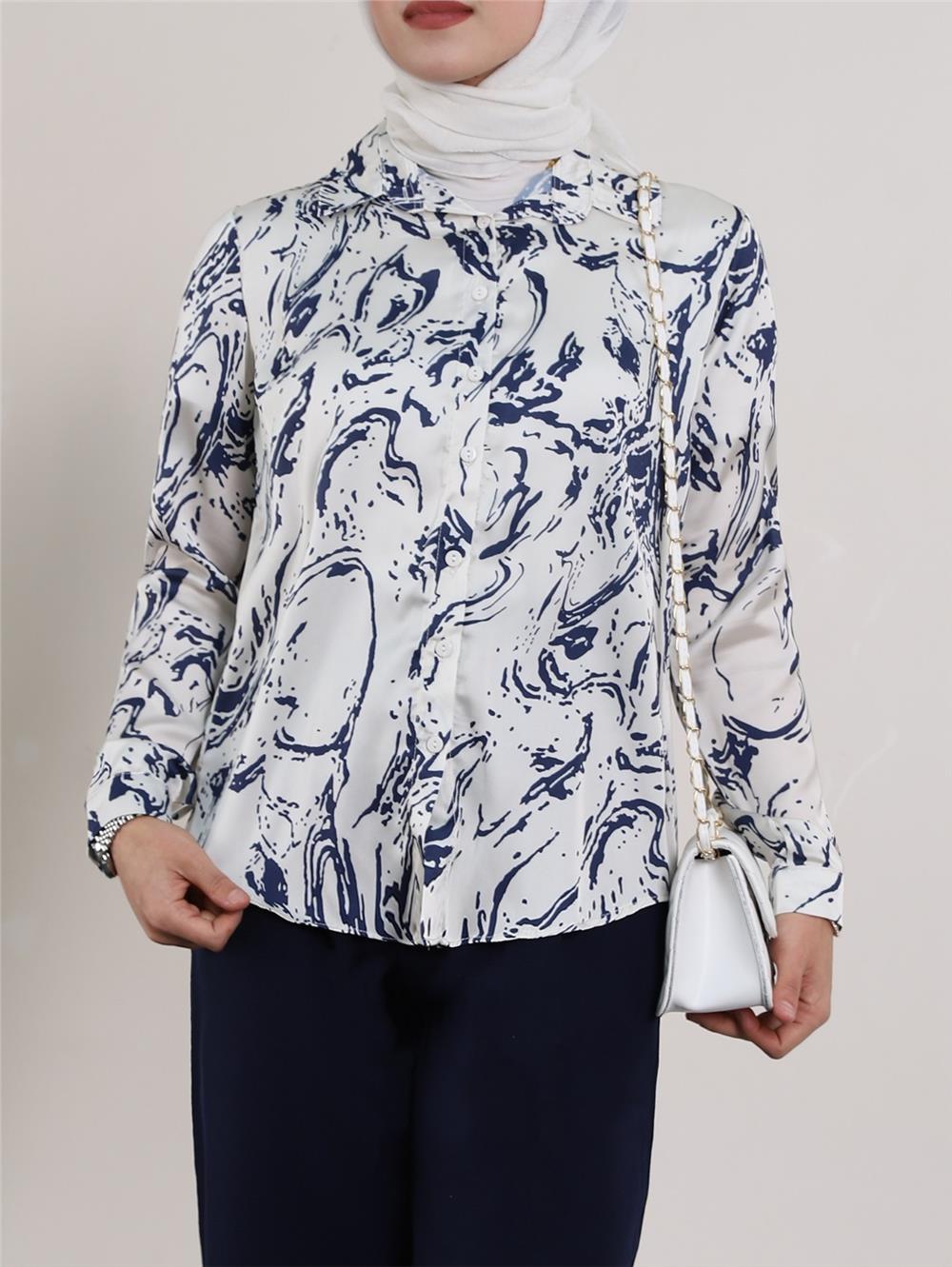 Watery Pattern Satin Shirt - Navy Blue-138-20164-R03