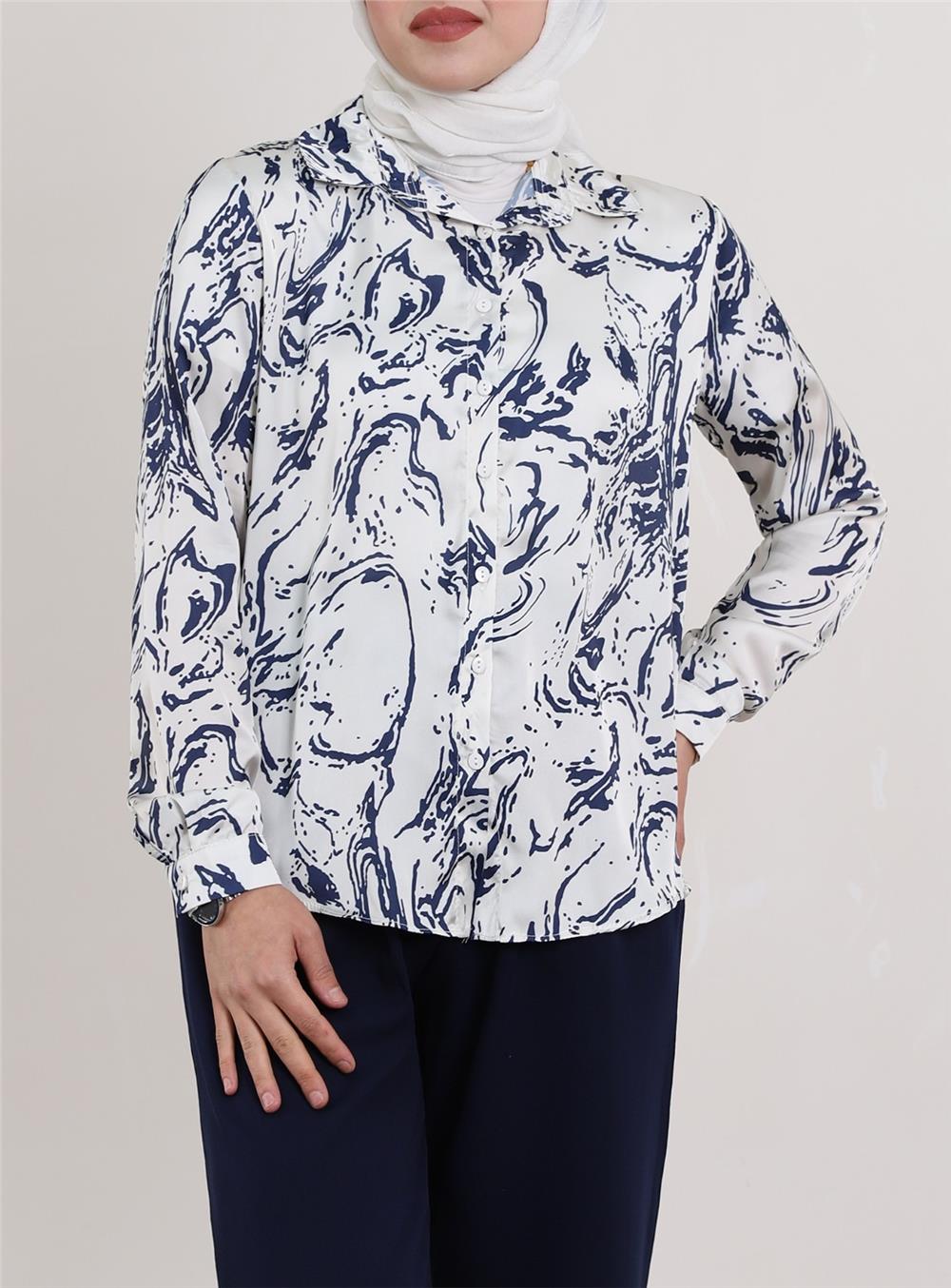 Watery Pattern Satin Shirt - Navy Blue-138-20164-R03