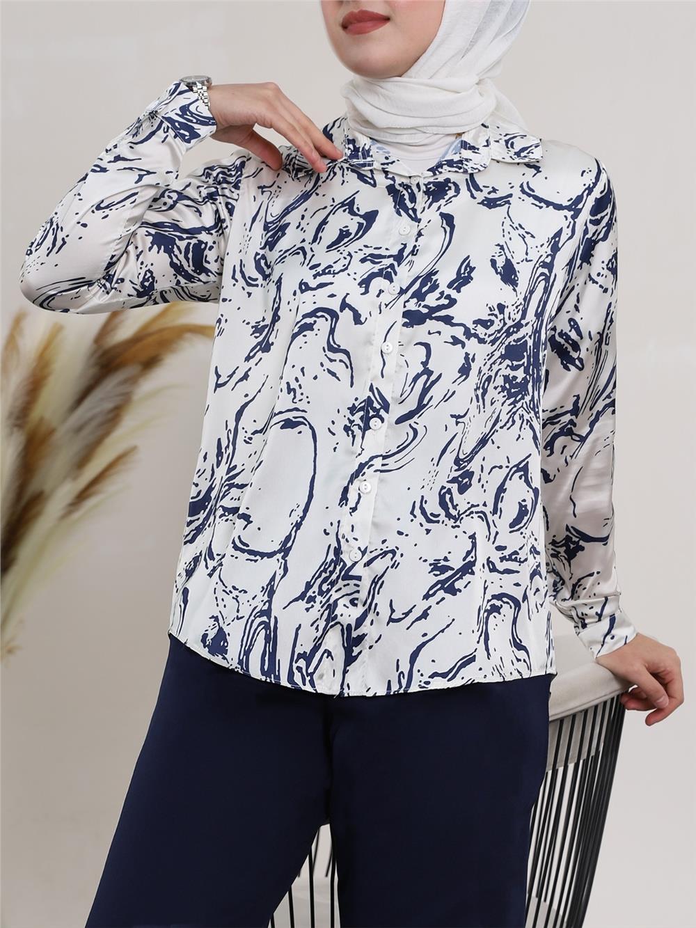 Watery Pattern Satin Shirt - Navy Blue-138-20164-R03
