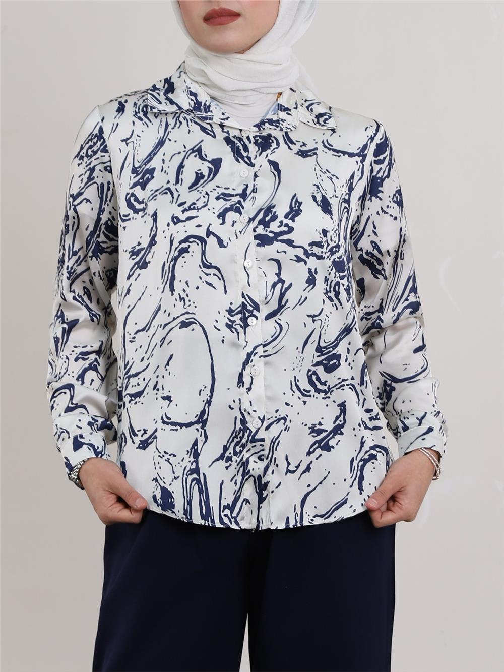 Watery Pattern Satin Shirt - Navy Blue-138-20164-R03