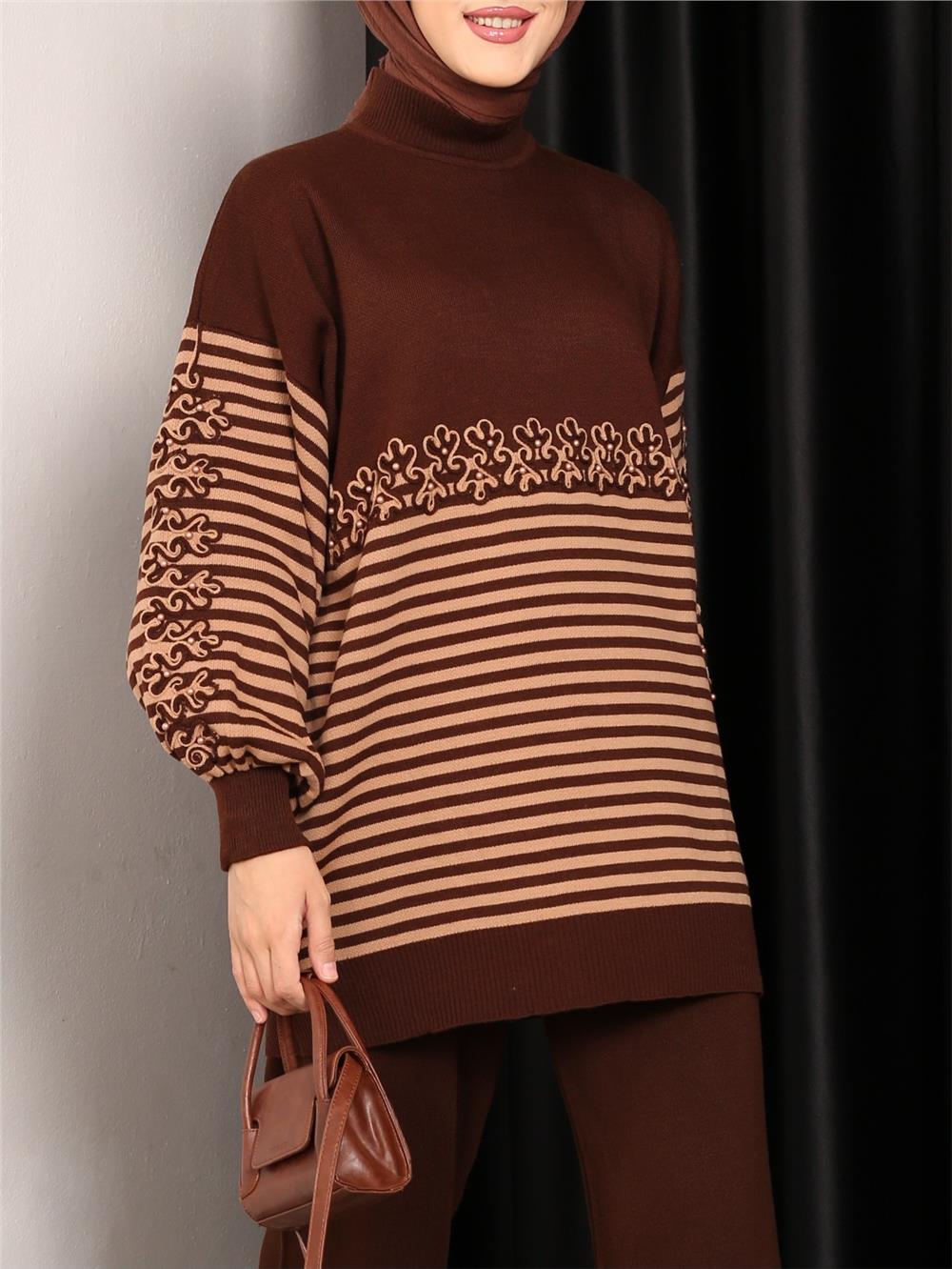 Süzene Embroidered Striped Knitwear Tunic - Brown-295-5379-R15