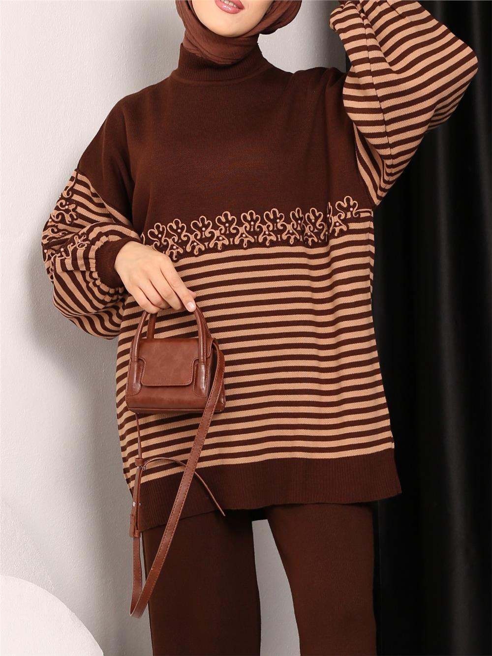 Süzene Embroidered Striped Knitwear Tunic - Brown-295-5379-R15