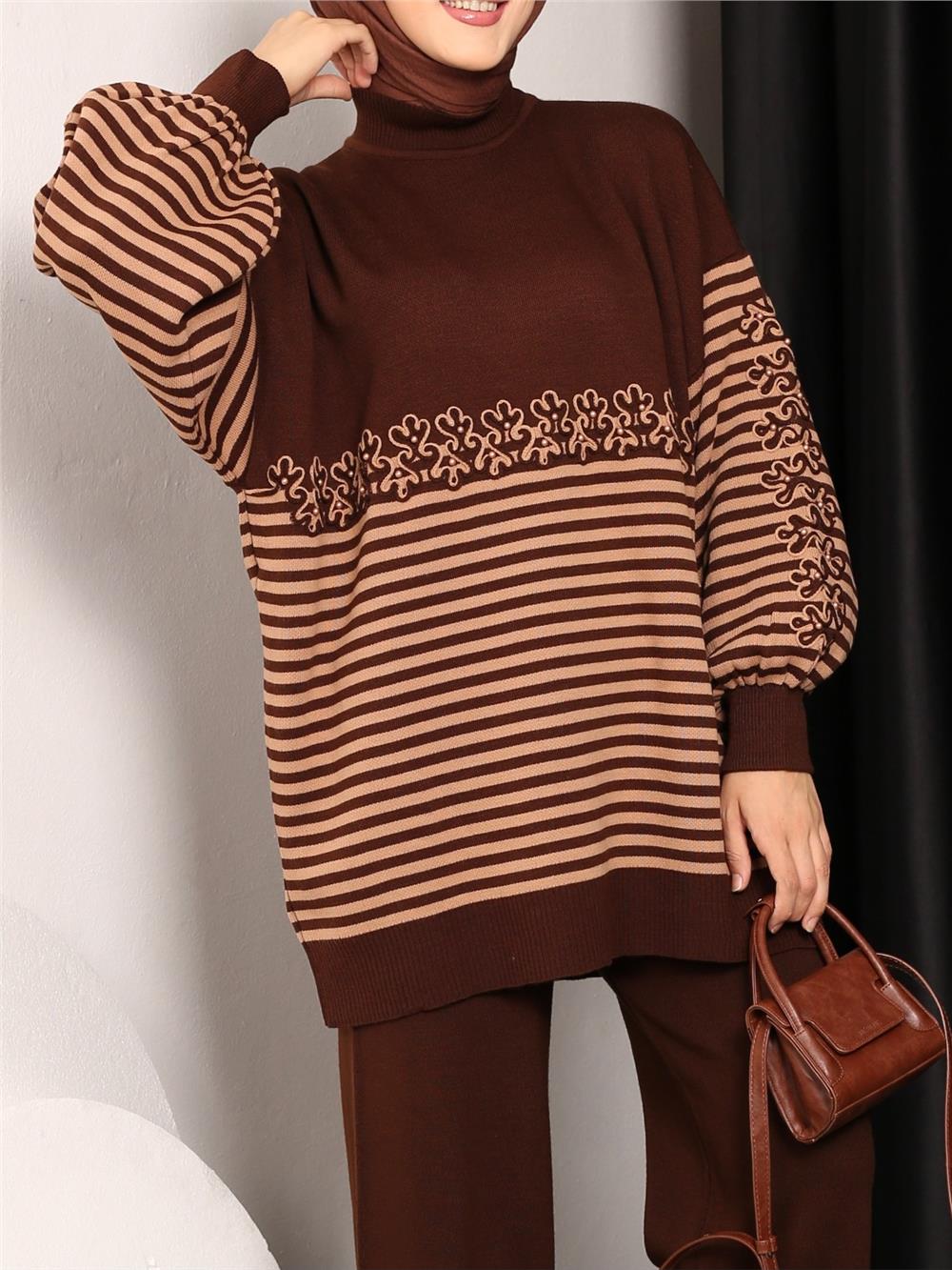 Süzene Embroidered Striped Knitwear Tunic - Brown-295-5379-R15