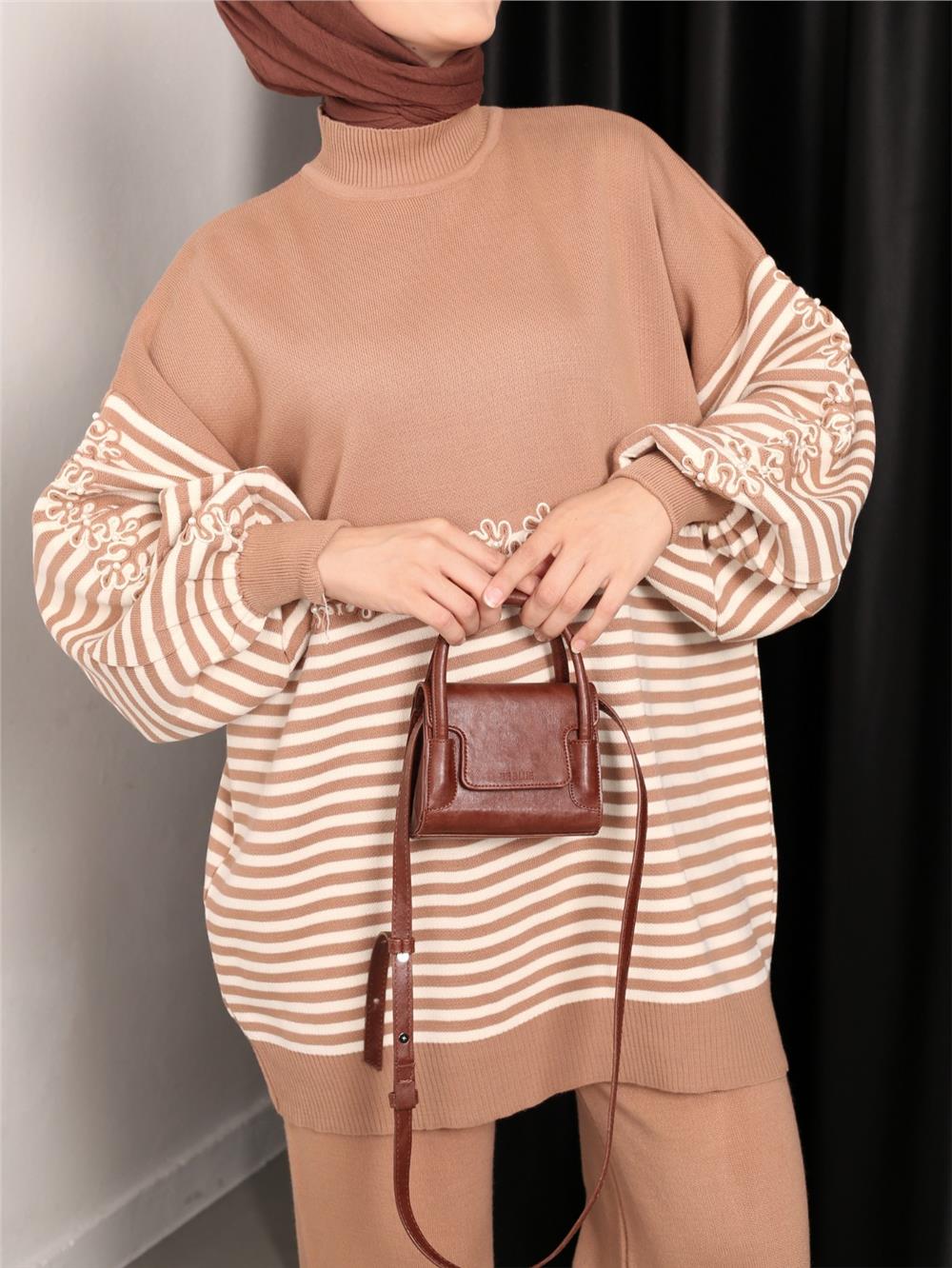 Süzene Embroidered Striped Knitwear Tunic -Mink-295-5379-R23