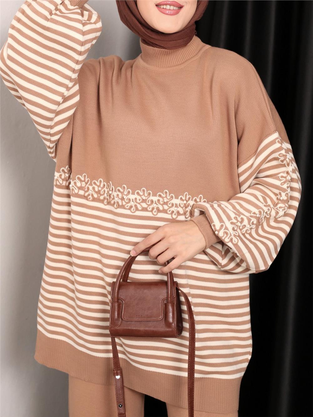 Süzene Embroidered Striped Knitwear Tunic -Mink-295-5379-R23