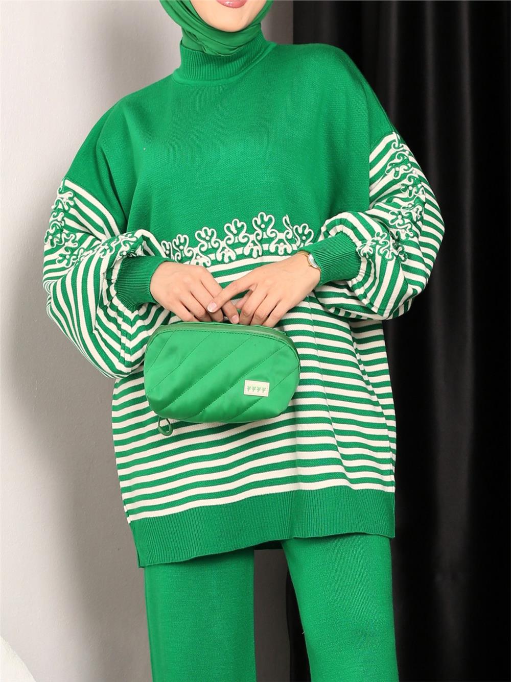 Süzene Embroidered Striped Knitwear Tunic -Green-295-5379-R35