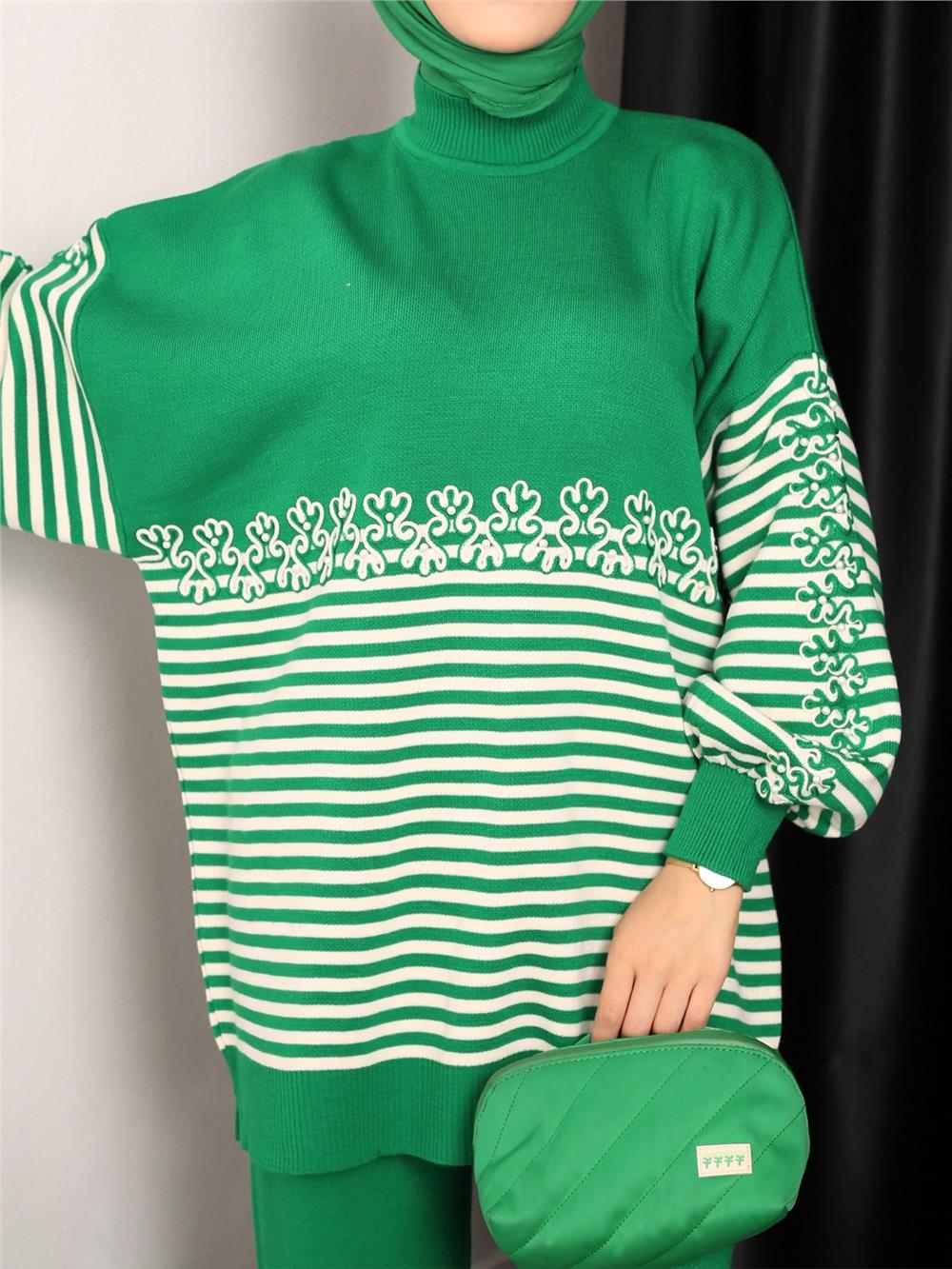 Süzene Embroidered Striped Knitwear Tunic -Green-295-5379-R35