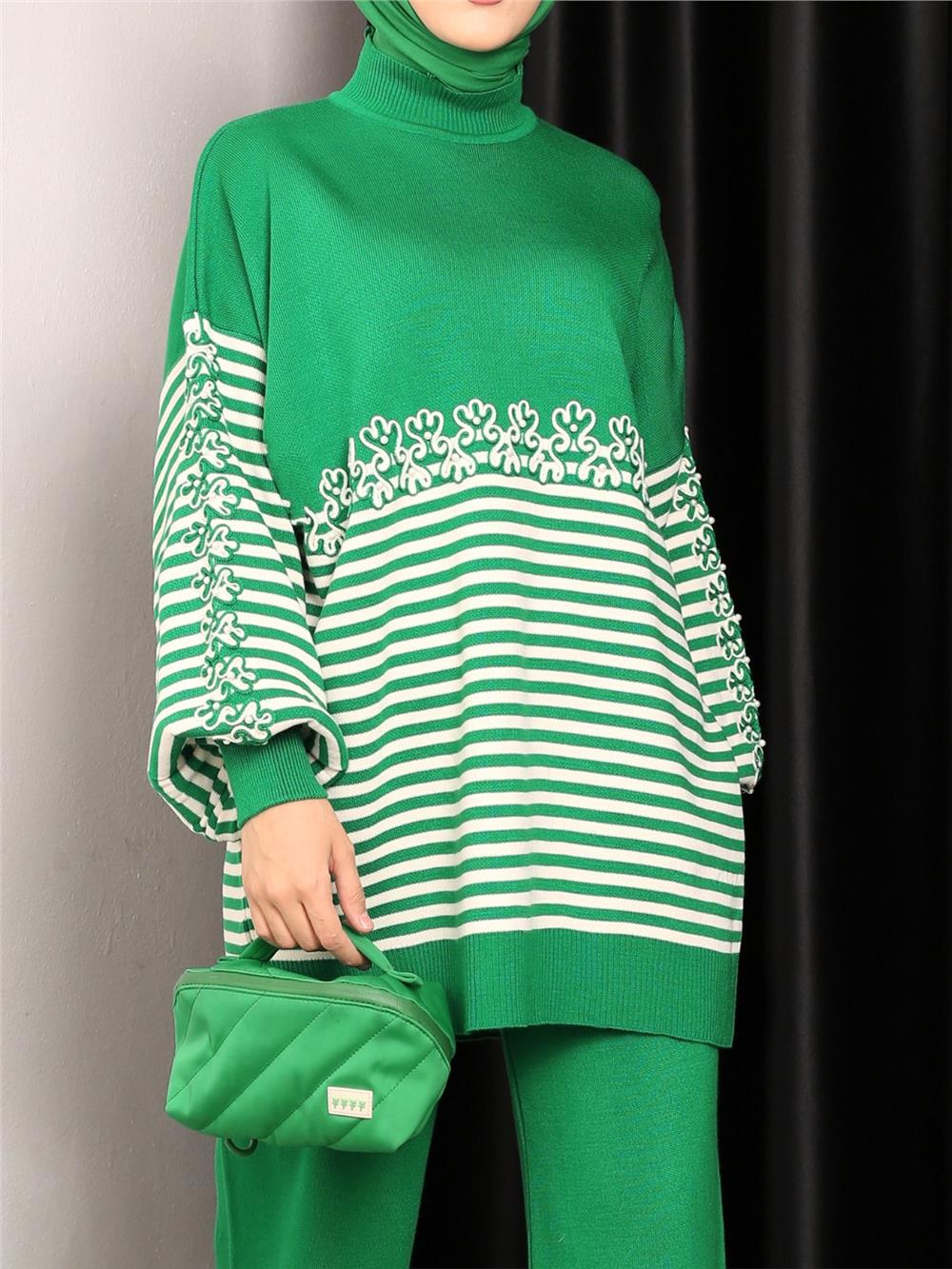 Süzene Embroidered Striped Knitwear Tunic -Green-295-5379-R35