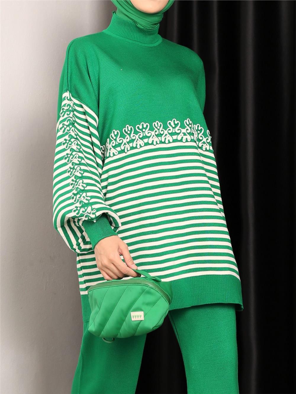 Süzene Embroidered Striped Knitwear Tunic -Green-295-5379-R35