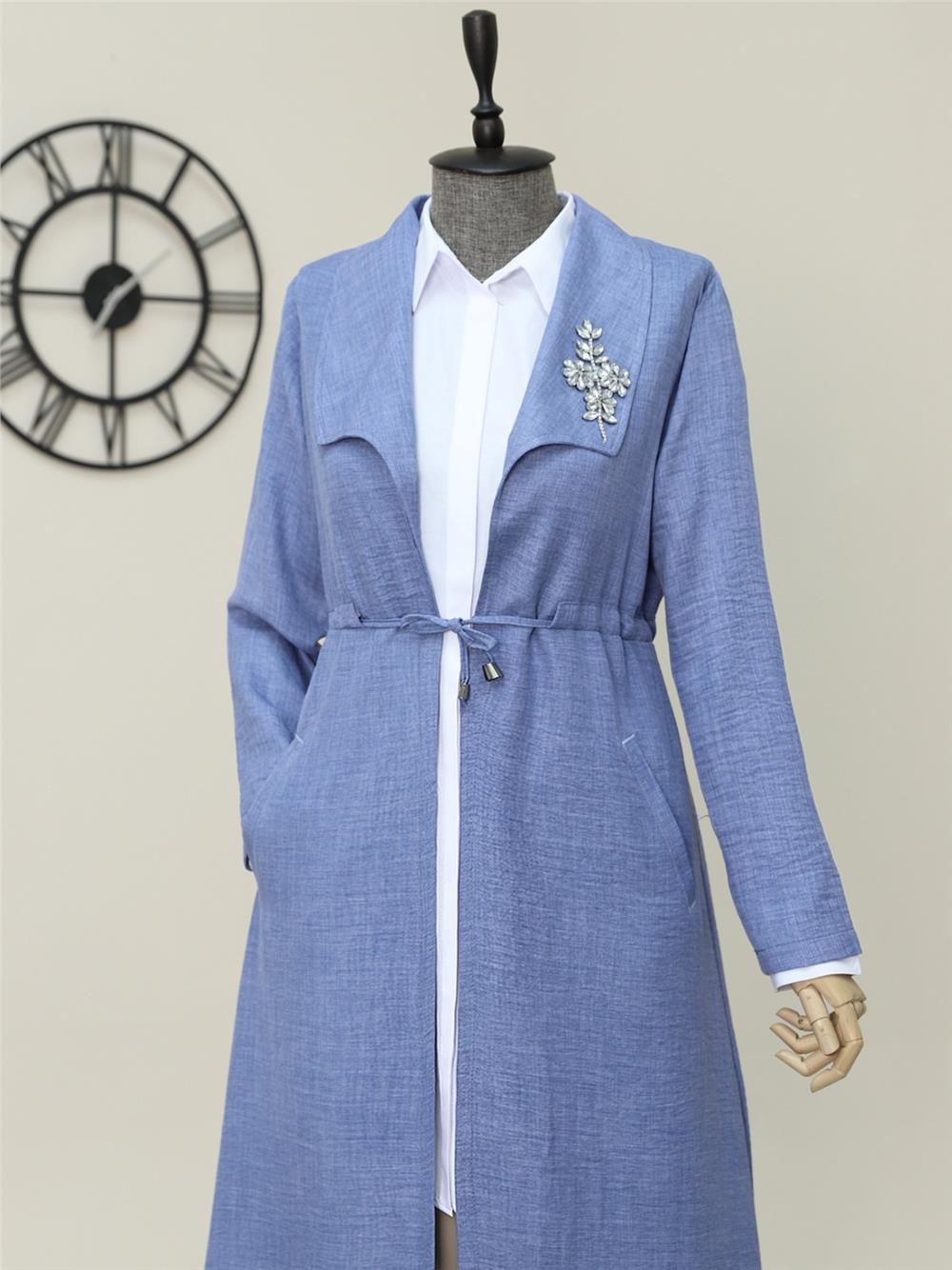 Stone Embroidered Gathered Linen Cap - Blue-186-671-R31