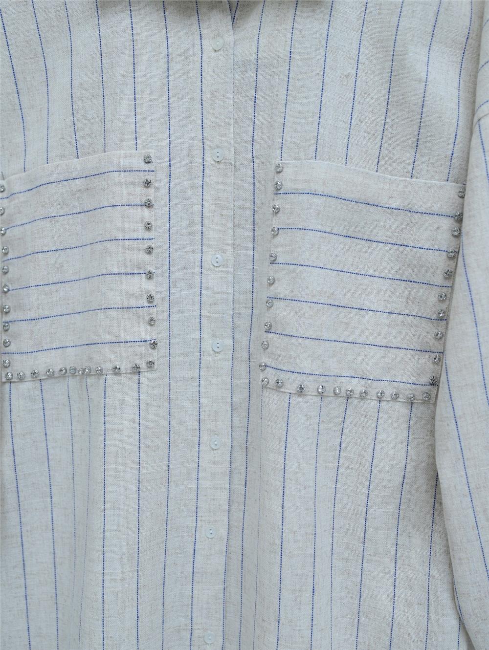 Stone Embroidered Striped Linen Shirt -Beige-405-1039-R56