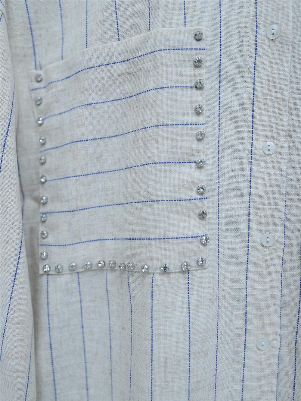 Stone Embroidered Striped Linen Shirt -Beige-405-1039-R56