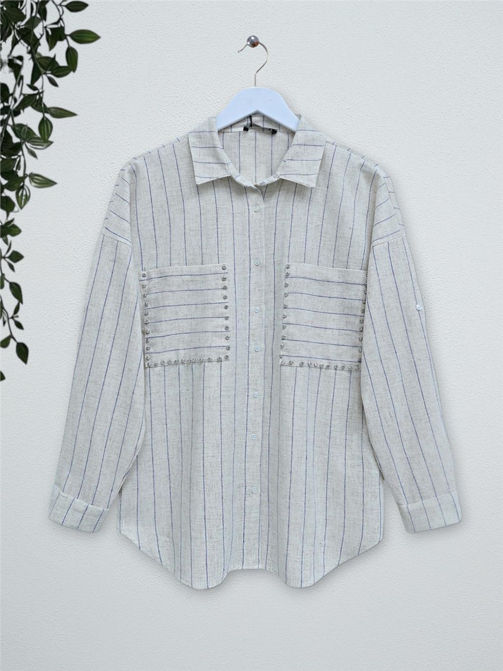 Stone Embroidered Striped Linen Shirt -Beige-405-1039-R56