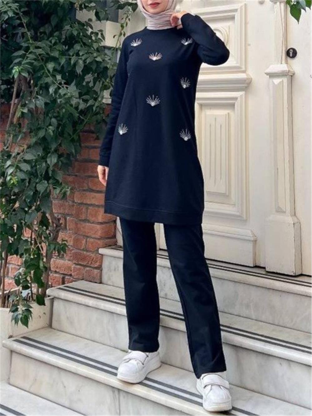 Stone Embroidered Regenerated Combed Cotton Suit -Black-332-3050-R01