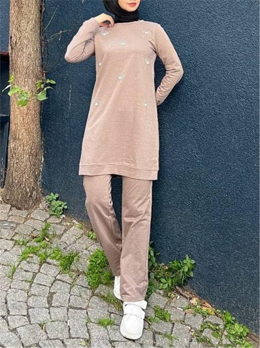 Stone Embroidered Regenerated Combed Cotton Suit -Mink-332-3050-R23