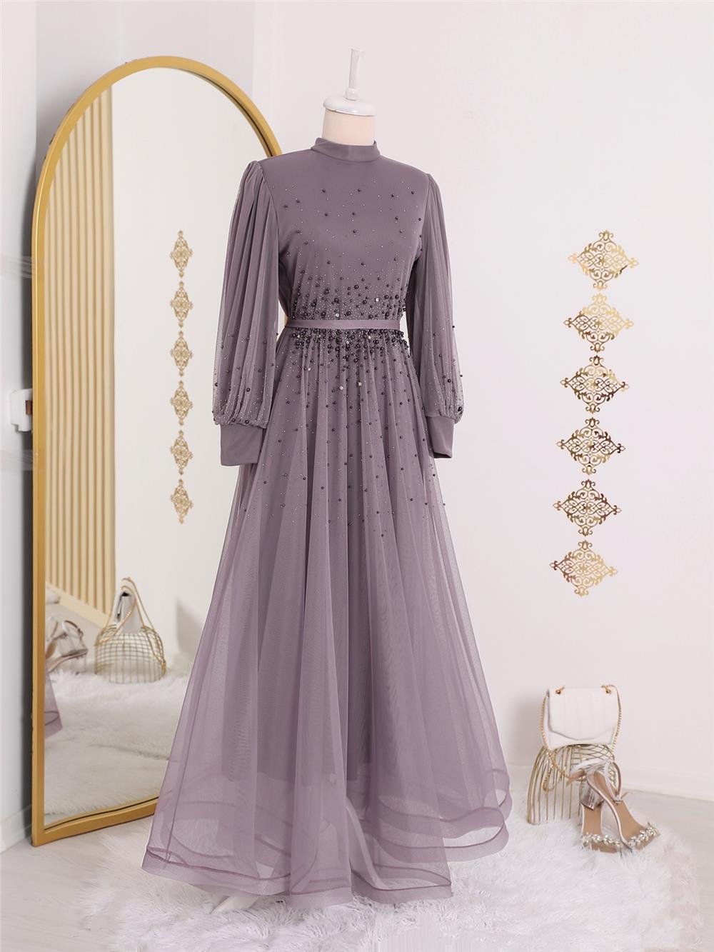 Tasarım Taş Detaylı Kabartma Etekli Tül Abiye -Vişne-316-4151-R44