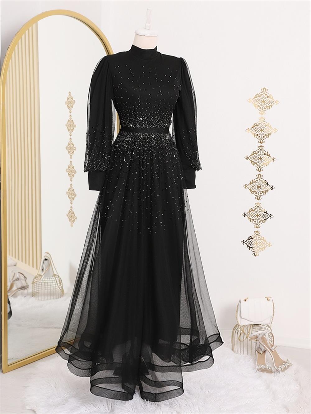 Tasarım Taş Detaylı Kabartma Etekli Tül Abiye -Black-316-4151-R01
