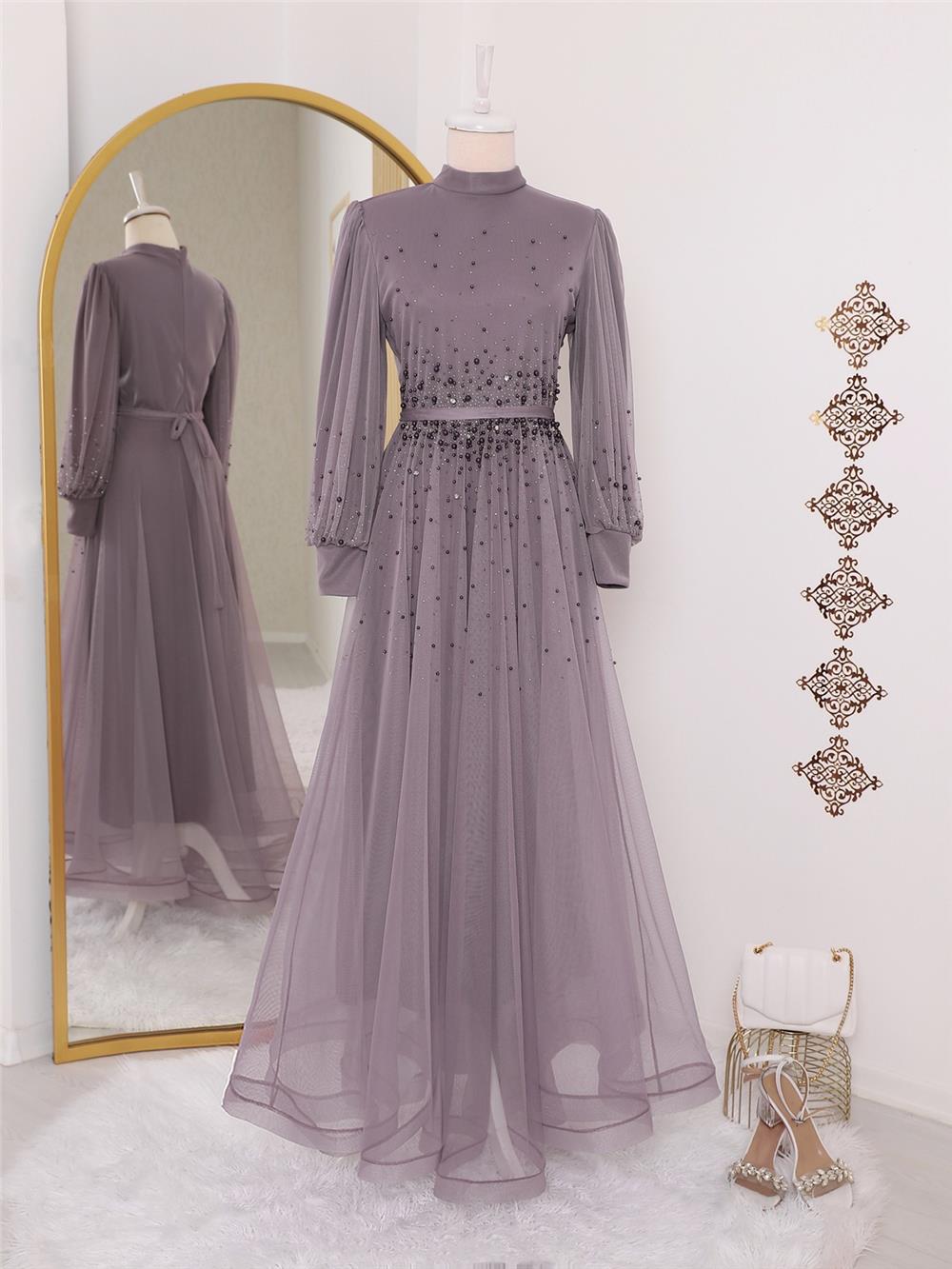 Tasarım Taş Detaylı Kabartma Etekli Tül Abiye -Vişne-316-4151-R44