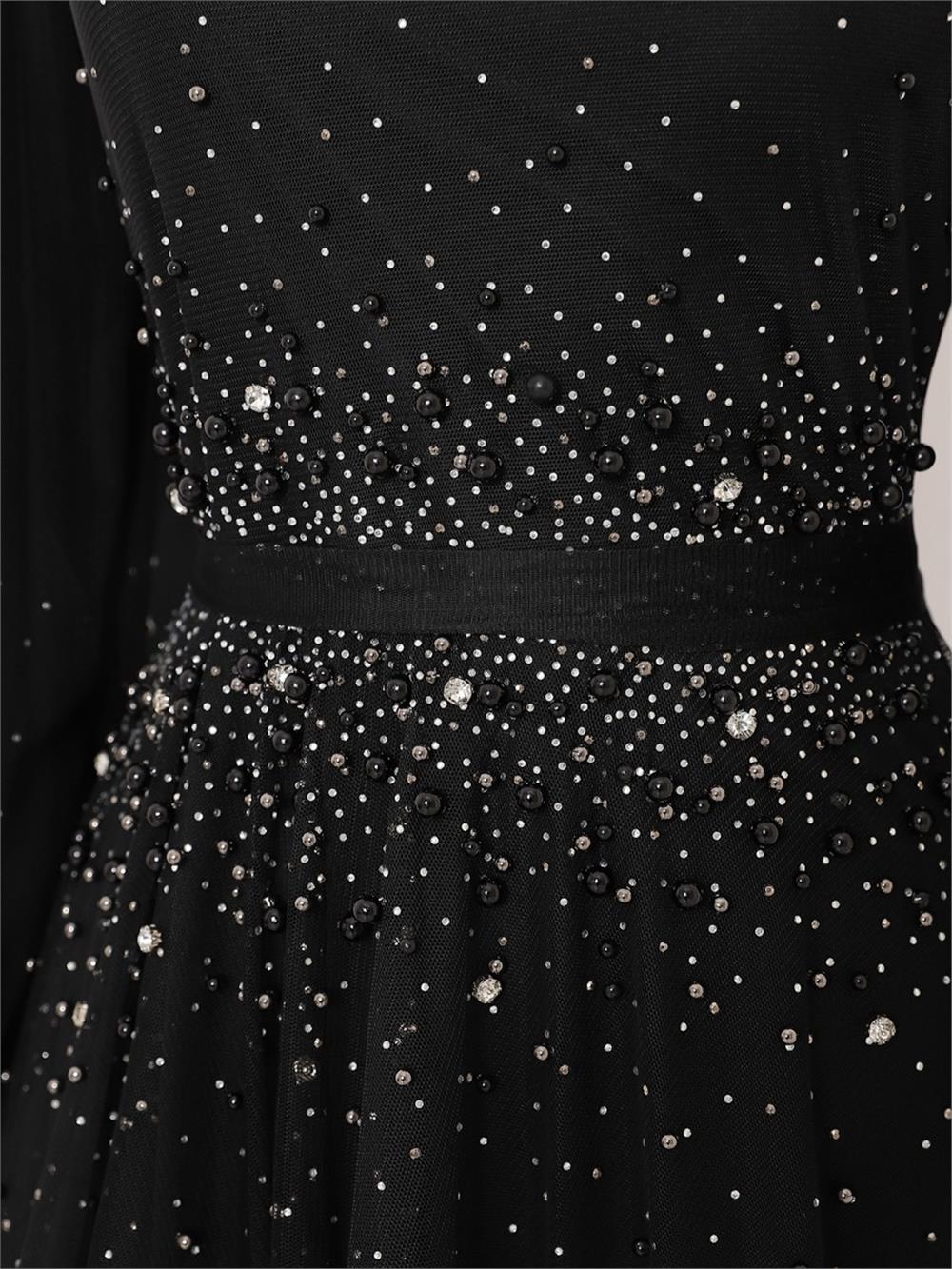Tasarım Taş Detaylı Kabartma Etekli Tül Abiye -Black-316-4151-R01