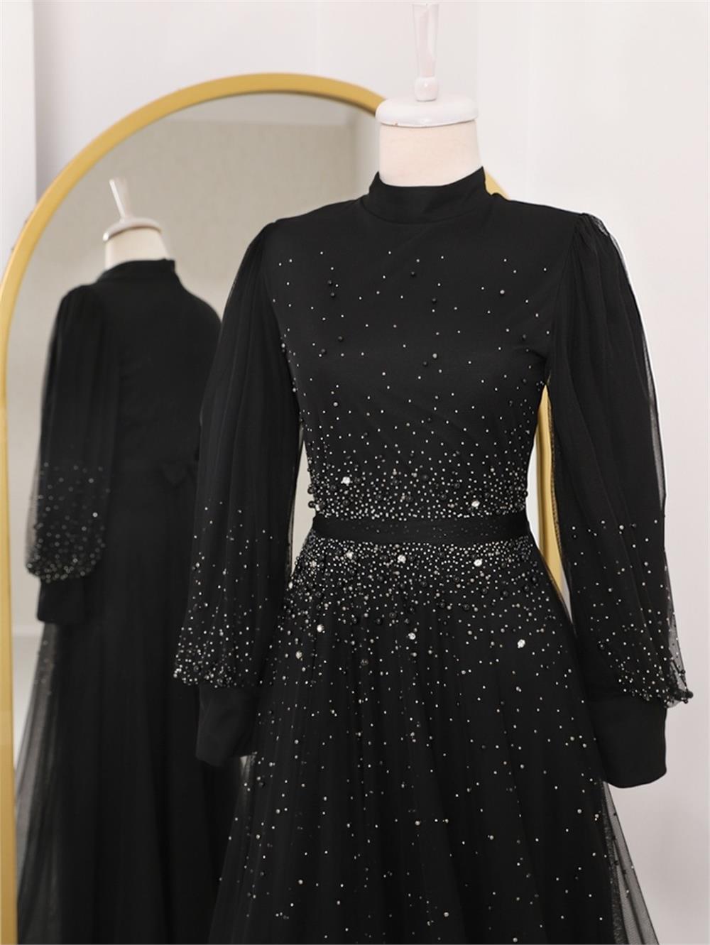 Tasarım Taş Detaylı Kabartma Etekli Tül Abiye -Black-316-4151-R01