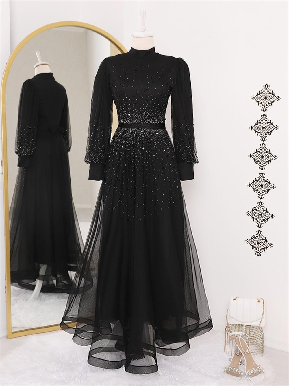 Tasarım Taş Detaylı Kabartma Etekli Tül Abiye -Black-316-4151-R01