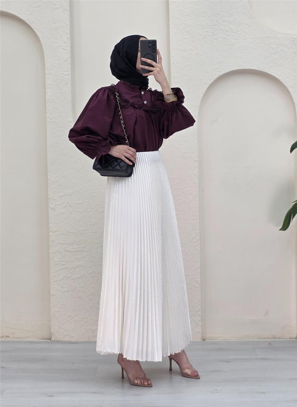 Taşlı Pliseli Kraş Etek -Ekru-207-2525-R07