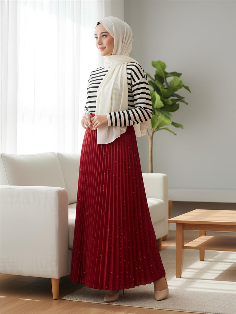 Taşlı Pliseli Kraş Etek  -Kırmızı-207-2525-R33
