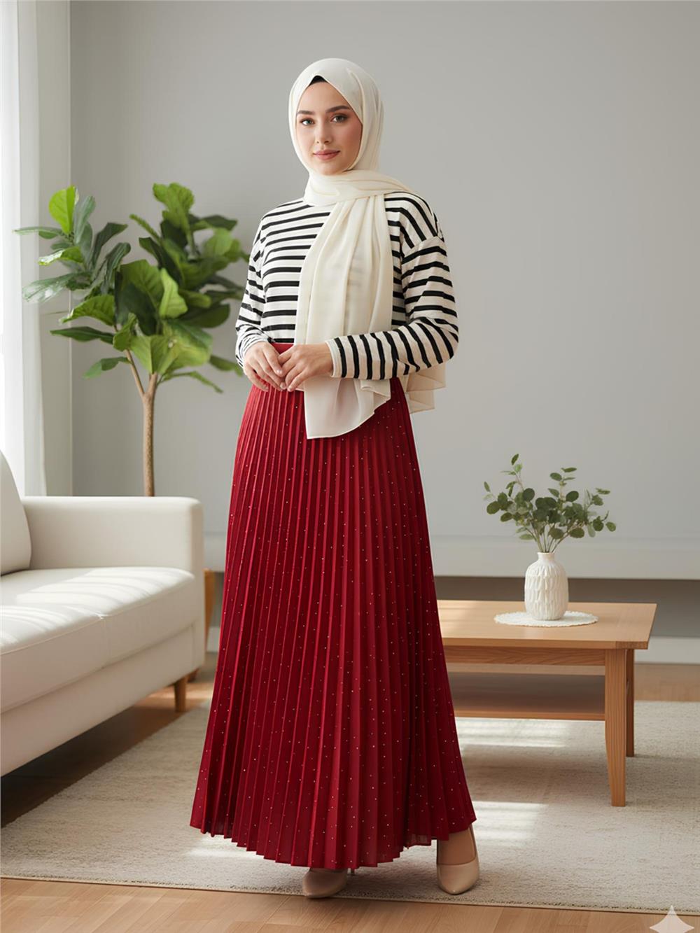 Taşlı Pliseli Kraş Etek  -Kırmızı-207-2525-R33