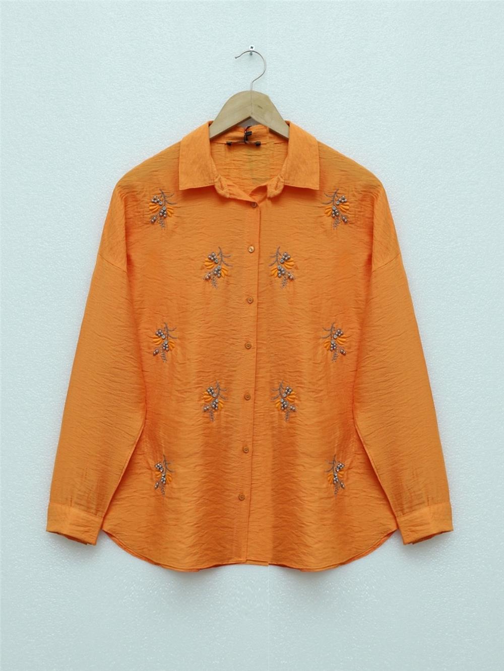 Stoned Leaf Embroidered Button Shirt -Orange-405-1042-R16