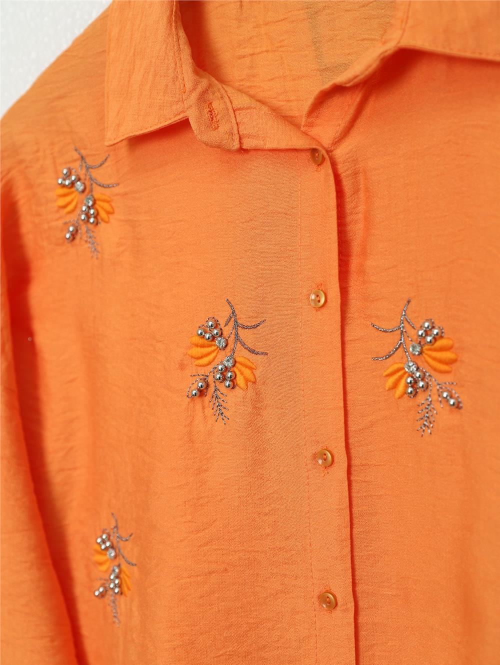 Stoned Leaf Embroidered Button Shirt -Orange-405-1042-R16