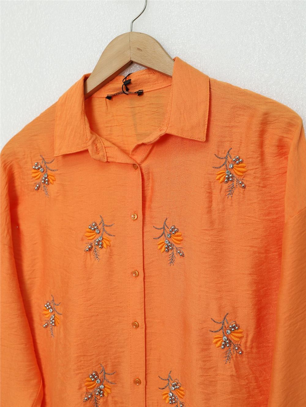 Stoned Leaf Embroidered Button Shirt -Orange-405-1042-R16