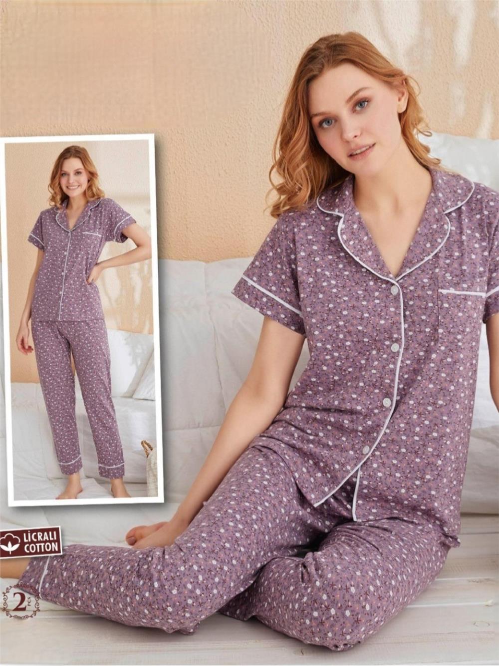 Tek Cepli Çiçekli Düğmeli Kısa Kollu Pijama Takımı -Leylak-416-54725-R68