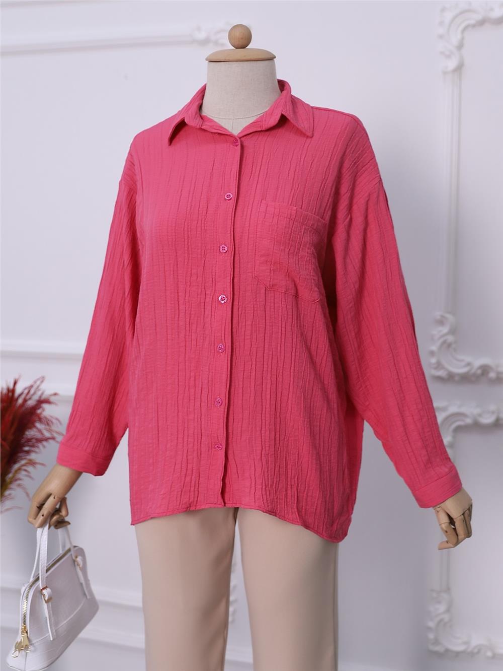 Single Pocket Buttoned Crinkle Tunic -Fuchsia-317-2213-R14