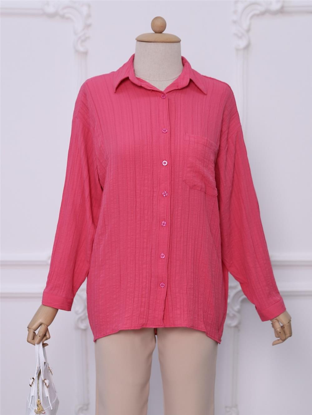 Single Pocket Buttoned Crinkle Tunic -Fuchsia-317-2213-R14