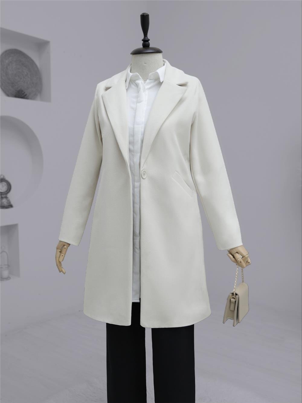 Tek Düğmeli Astarlı Kışlık Kaşe Kaban   -Krem-138-9094-R28