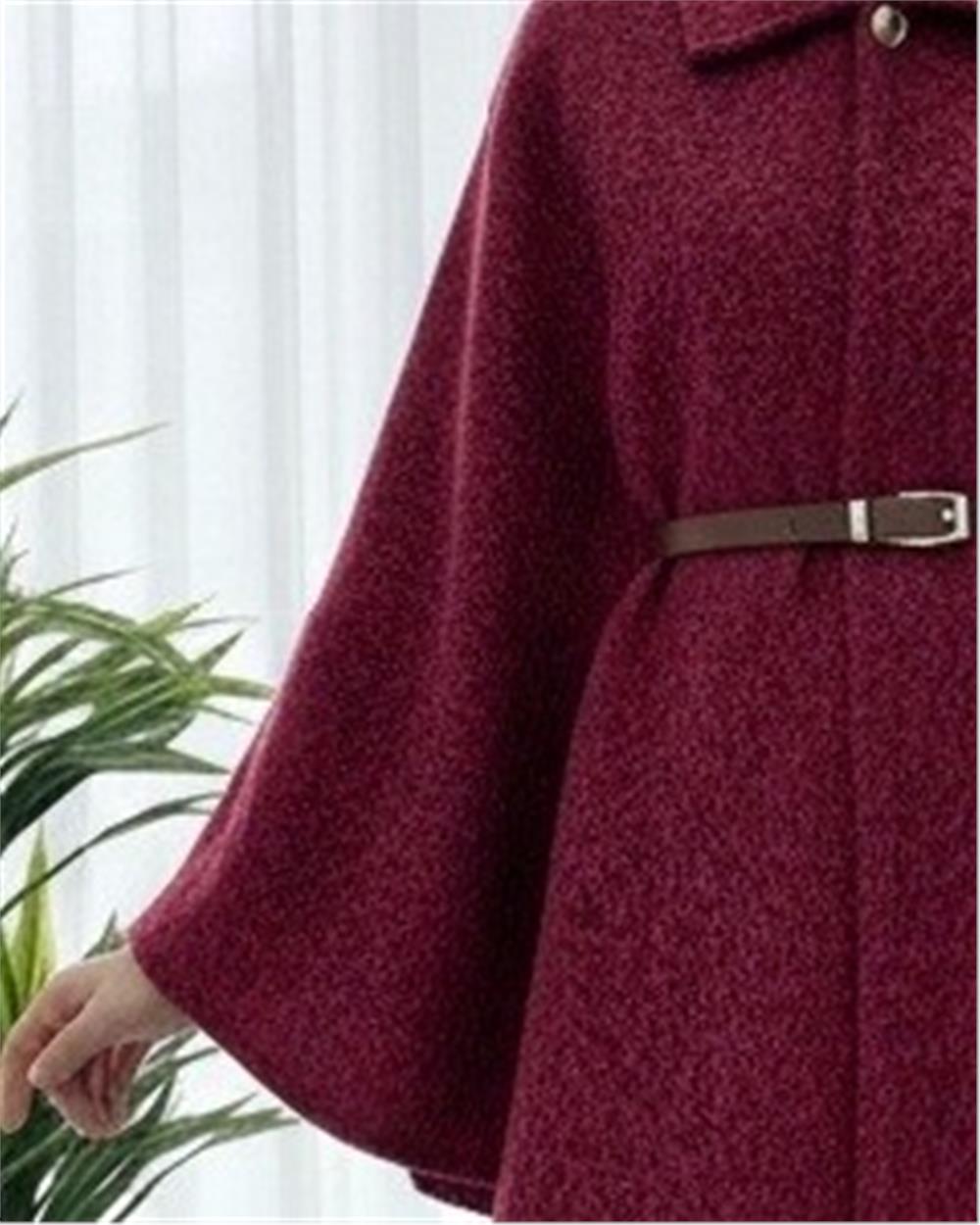 Tek Düğmeli  Beli Kemerli  Sakallı Panço    -Bordo-398-66001-R04