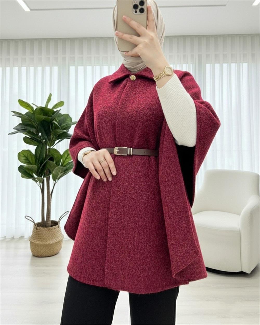 Tek Düğmeli  Beli Kemerli  Sakallı Panço    -Bordo-398-66001-R04