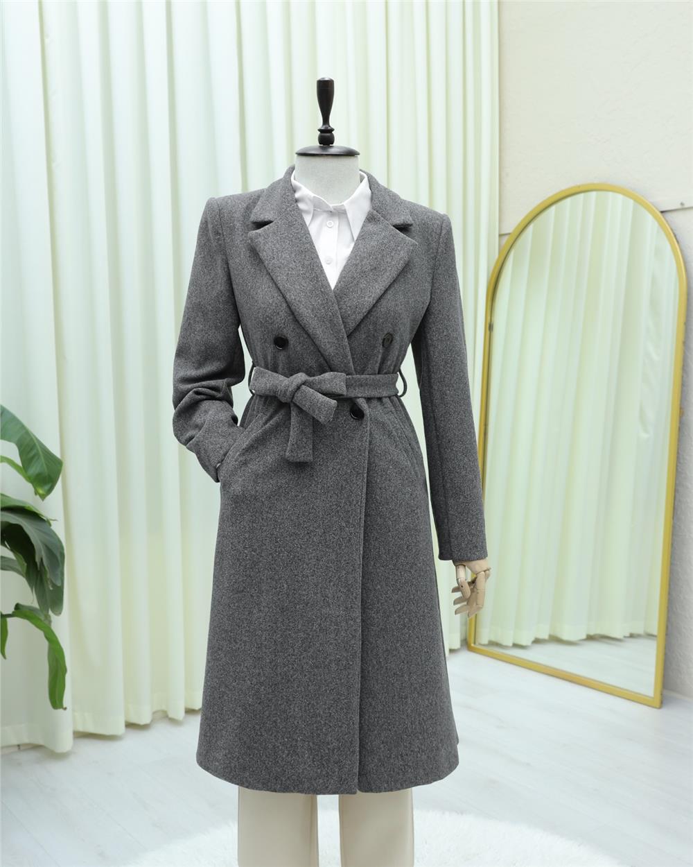 Tek Düğmeli Cepli Kemerli Astarlı Kaşe Kaban -Füme-197-4911-R18